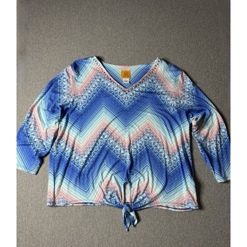 Ruby Rd. Blue Chevron Blouse With Tie At Waist And Embellished Neckline Large.